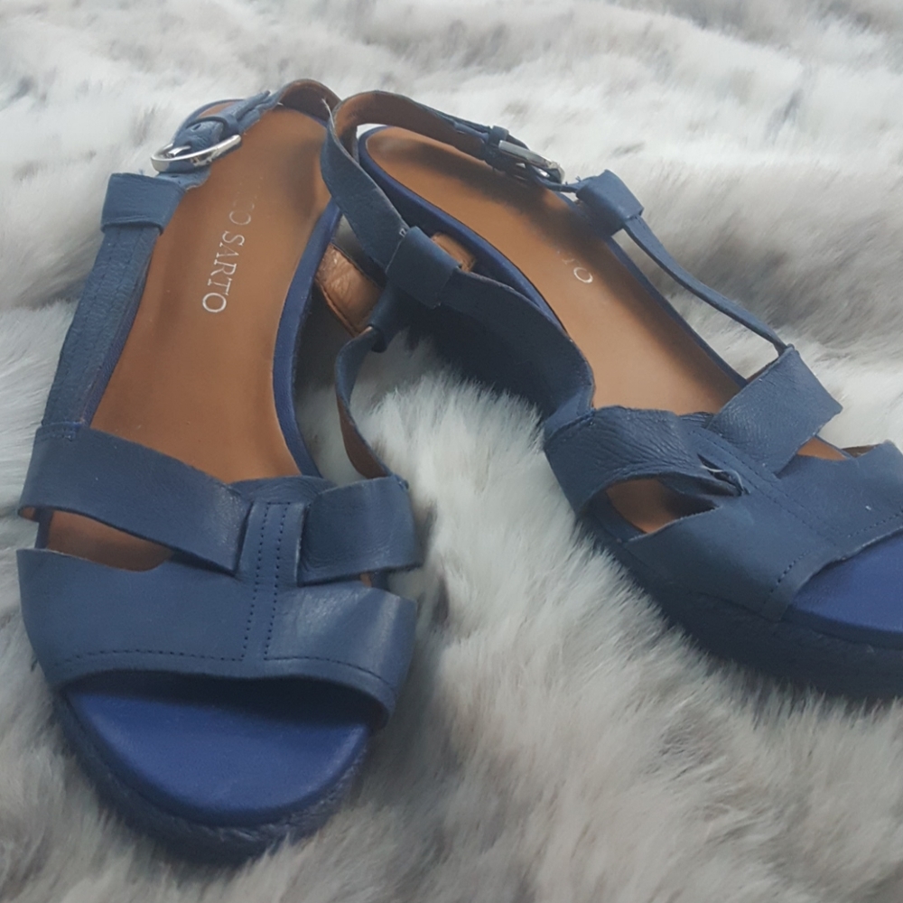 Franco Sarto blue leather wedge sandals